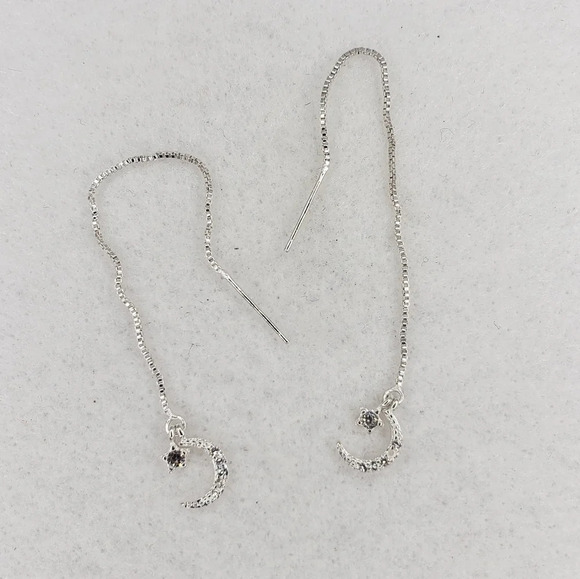 Sterling Silver 925 Earrings Moon and Star Dangle Drop Threaded Tassel Earrings - Picture 3 of 6